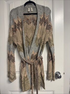 Anthropologie Open-Front Belted Cardigan in Gray and Tan